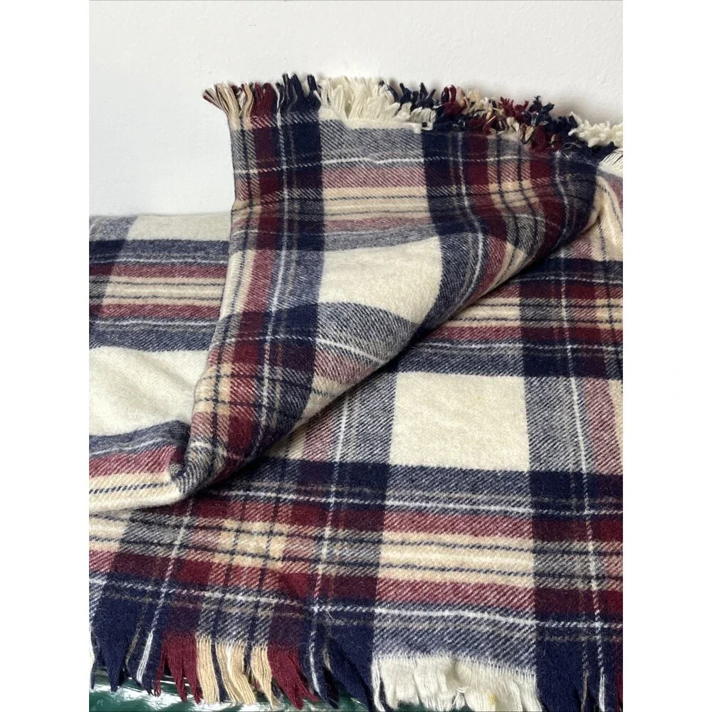 Vintage James Dalgliesh Burgundy Navy Blue Plaid 100% Wool Throw Blanket UK